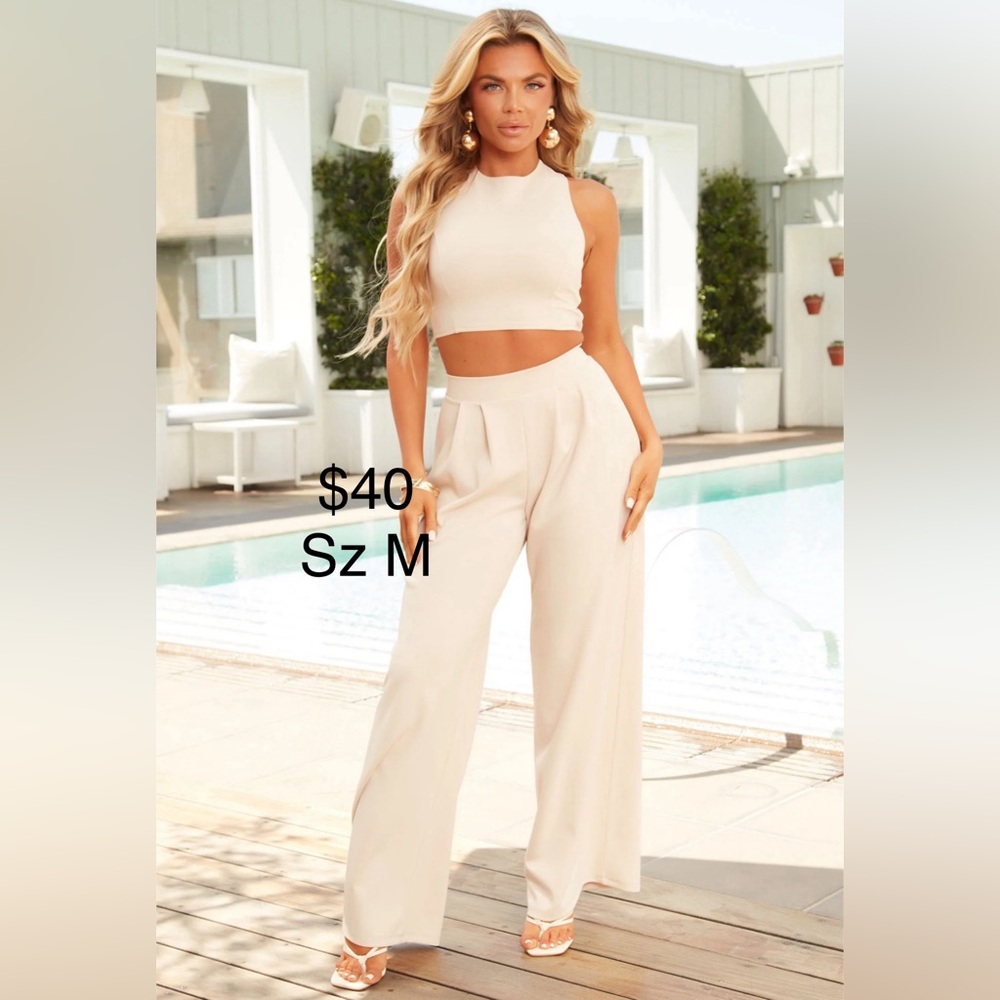 Beige 2 piece pant set sz M NWT bride bridal vacation summer party